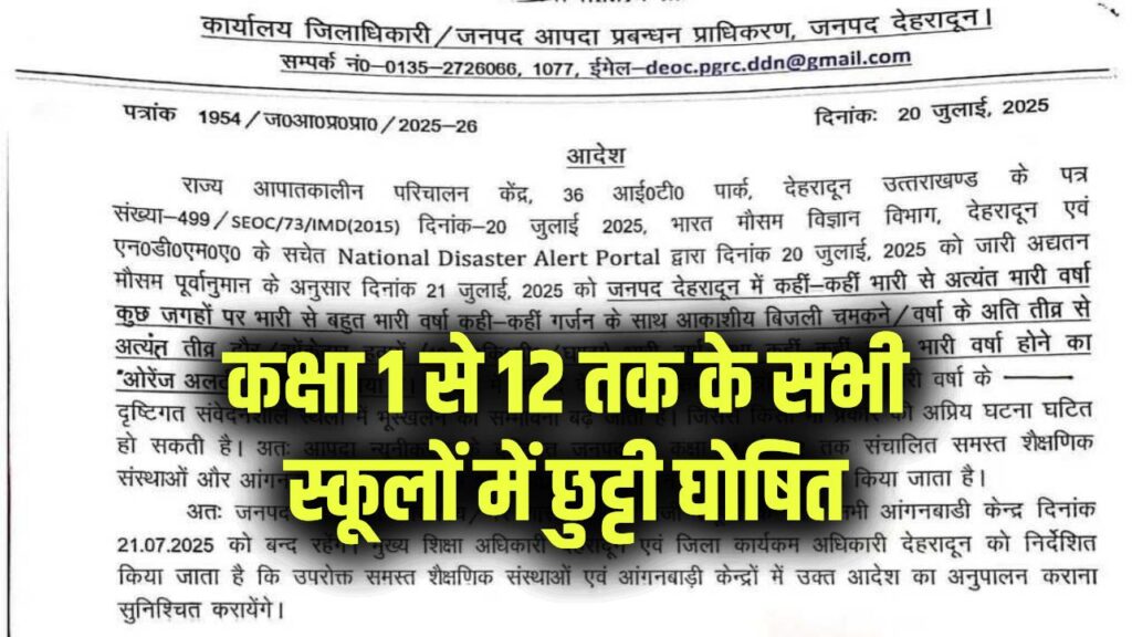 भारी बारिश को लेकर प्रशासन का अलर्ट जारी, कक्षा 1 से 12 तक के सभी स्कूलों में छुट्टी घोषित