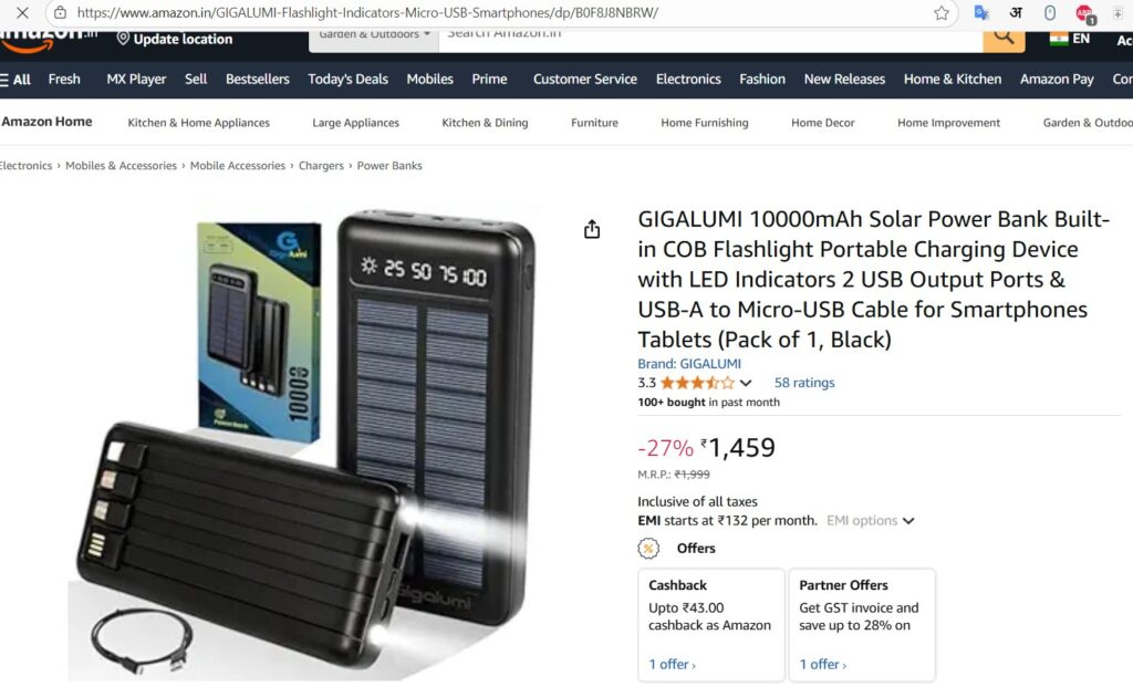 Solar Power Bank Built-in COB Flashlight Portable Charging Device