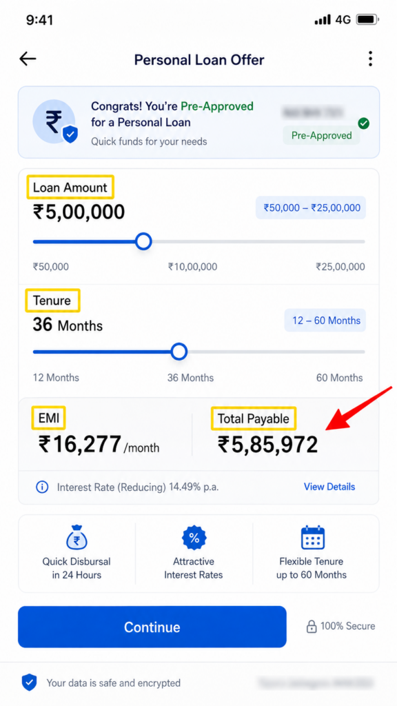Personal Loan Apply Online 2026: घर बैठे Instant Personal Loan कैसे लें? जानें Eligibility, Documents और सबसे कम ब्याज दरें 9 Alt Text: Personal Loan amount tenure EMI और total repayment select करना