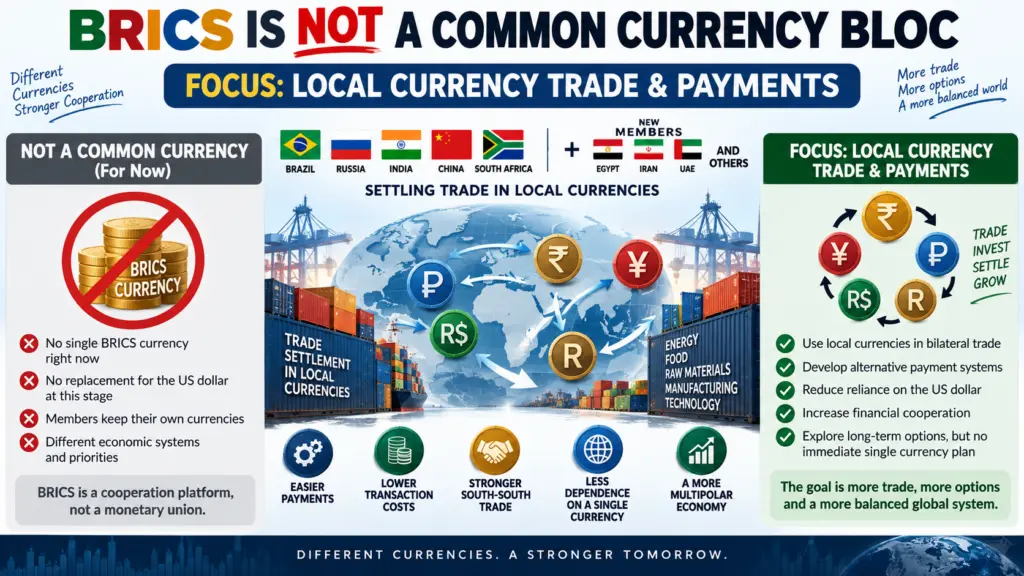 BRICS vs G7: How the Two Blocs Really Compare Economically 5 Graphic explaining that BRICS is focusing on local-currency trade and payments rather than a shared currency.
