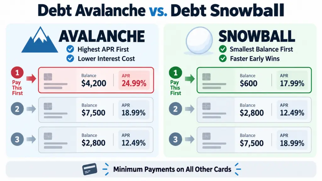 Comparison of debt avalanche targeting the highest APR and debt snowball targeting the smallest credit card balance.