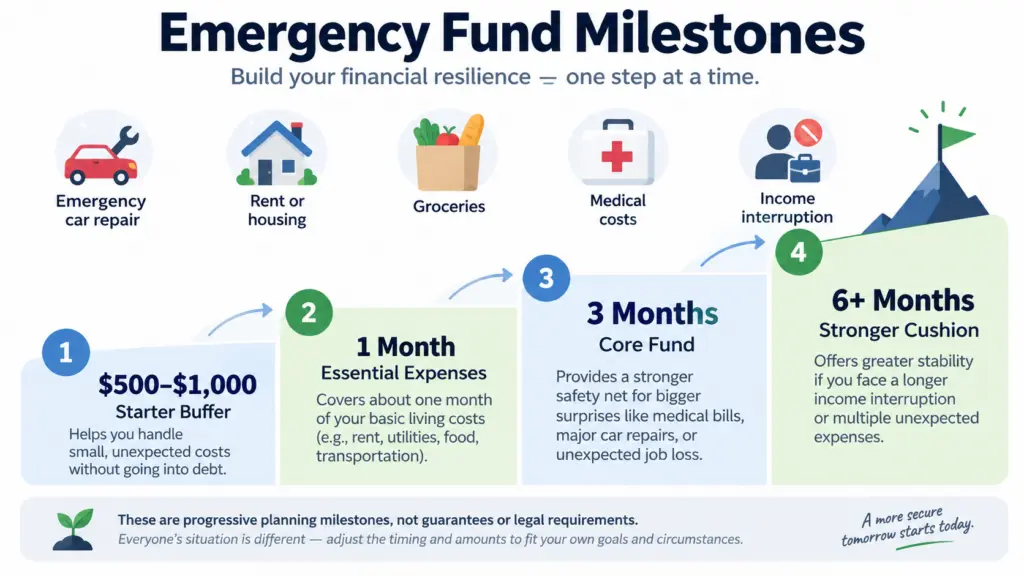 Four-stage emergency fund savings ladder from a $500 starter buffer to six months of essential expenses.