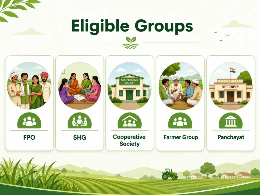 Farm Machinery Bank scheme के लिए eligible groups जैसे FPO, SHG और cooperative society दिखाती infographic