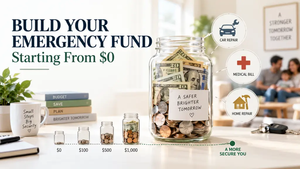 Savings jar with U.S. dollars representing an emergency fund for car, medical, and home expenses