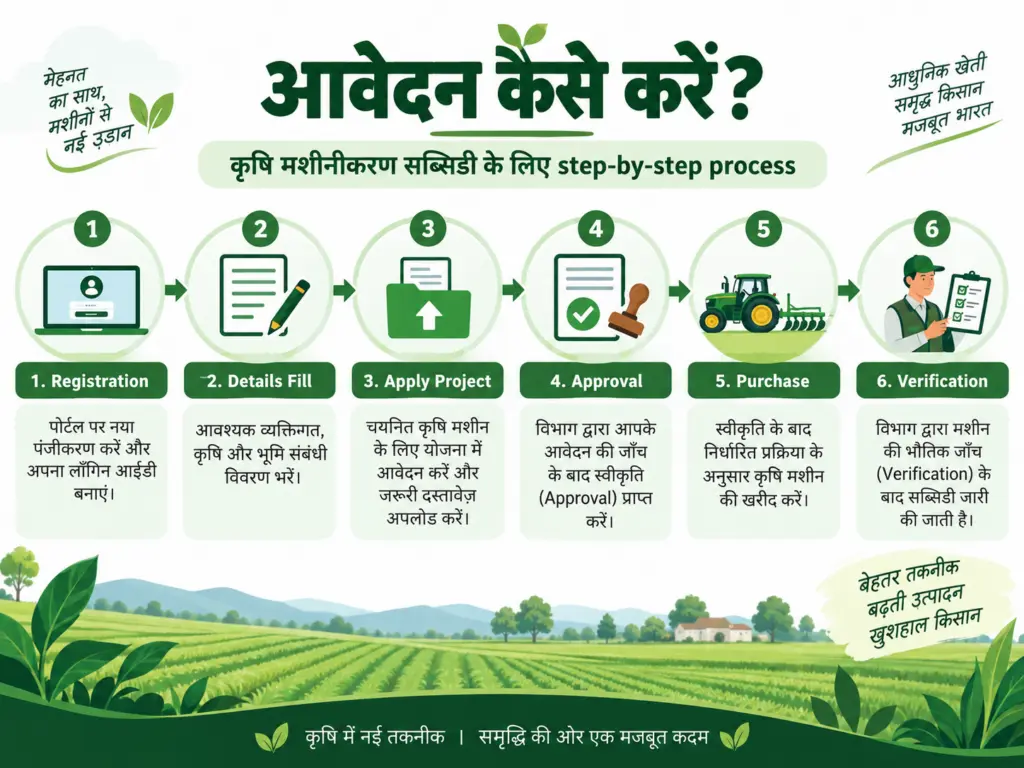 SMAM subsidy application process infographic जिसमें registration से verification तक के steps दिखाए गए हैं