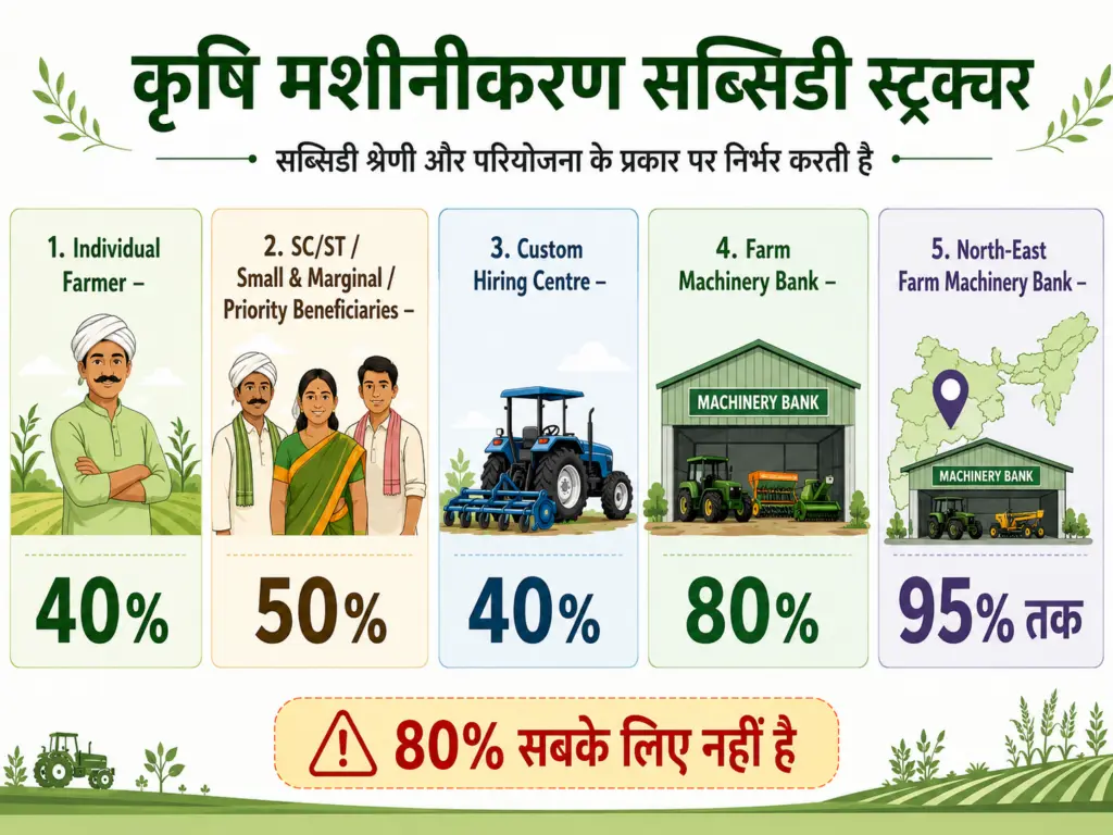 SMAM subsidy structure infographic जिसमें individual farmer, CHC और Farm Machinery Bank की subsidy comparison दिखाई गई है