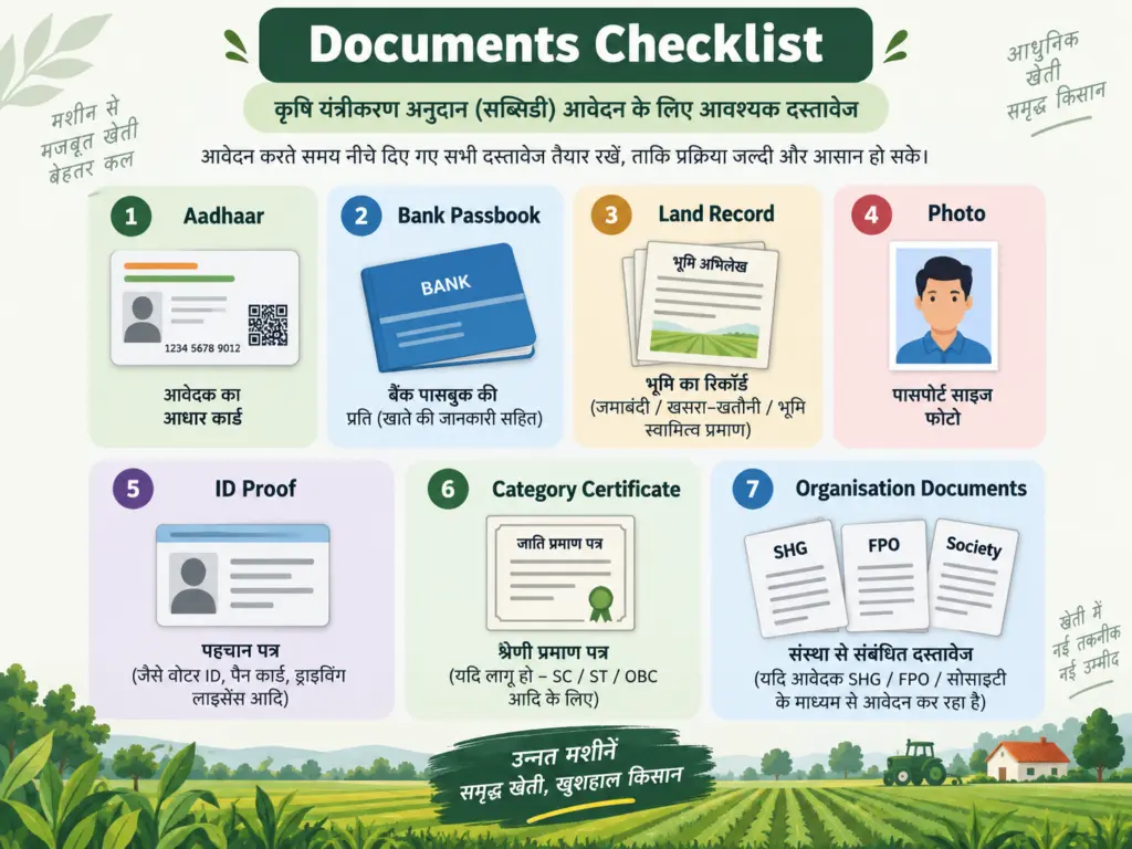 SMAM subsidy application के लिए जरूरी documents की checklist infographic