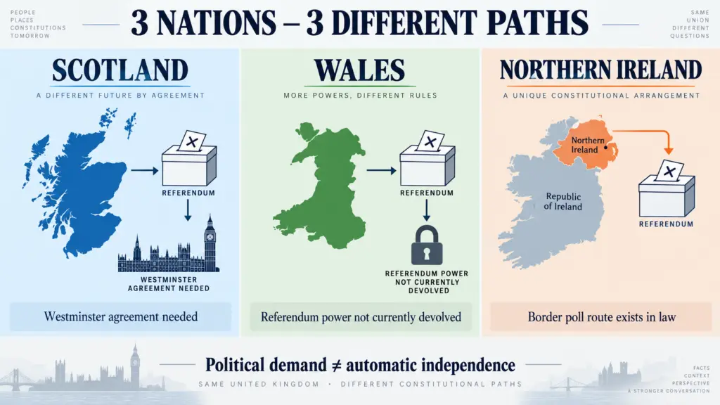 Infographic comparing the different constitutional routes available to Scotland, Wales and Northern Ireland.