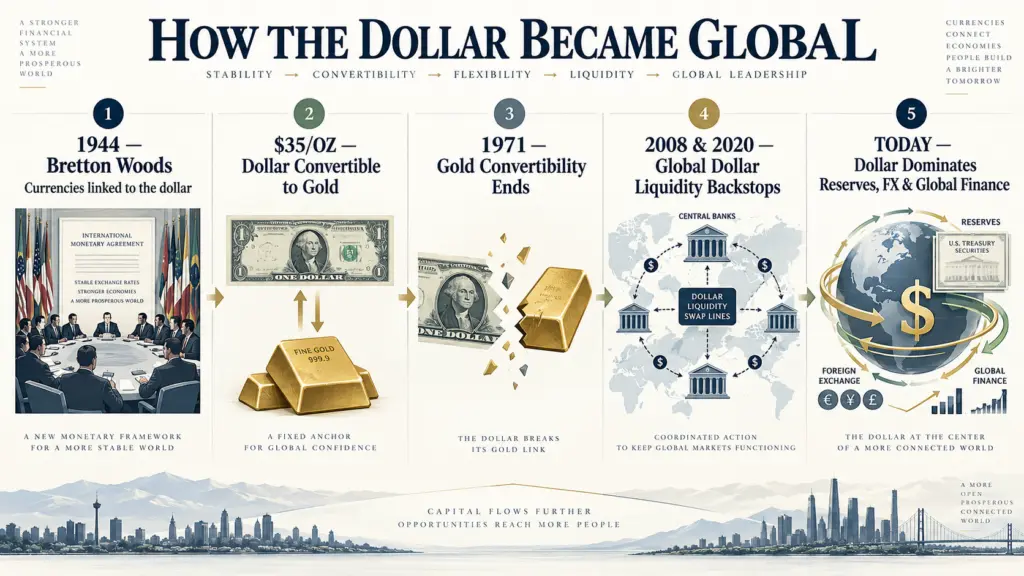 Why the US Dollar Is the World’s Reserve Currency: How Dollar Dominance Really Works 4 Timeline showing Bretton Woods, the end of dollar-gold convertibility and the development of today's dollar-based financial system.