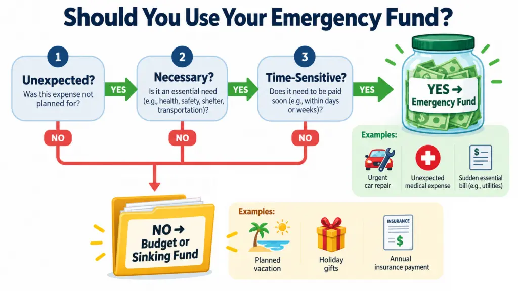 Decision tree showing whether an expense should come from an emergency fund or planned savings.