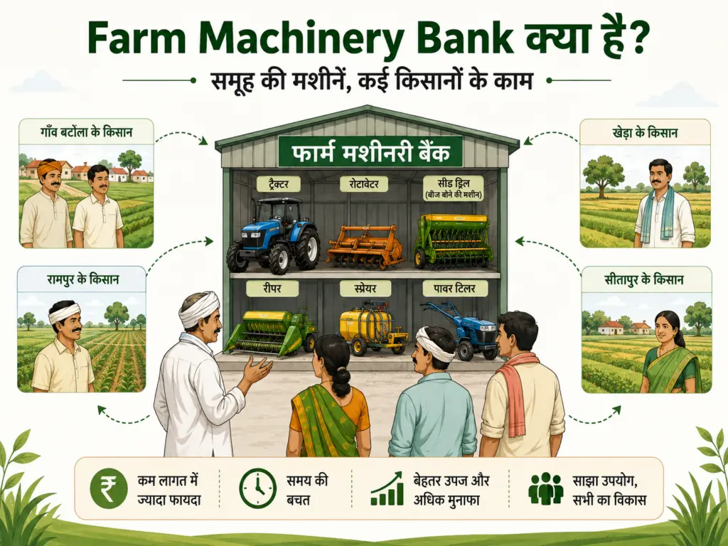 Farm Machinery Bank का illustration जिसमें एक समूह कई किसानों के लिए कृषि मशीनें उपलब्ध कराता दिख रहा है